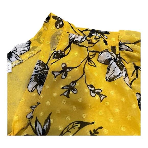 Retrology retro floral yellow blouse Women PL rushed short sleeves V- neck bow - Picture 9 of 16